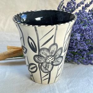 Black and White Pottery Vase or Kitchen Crock with Daisies and Stripe Design